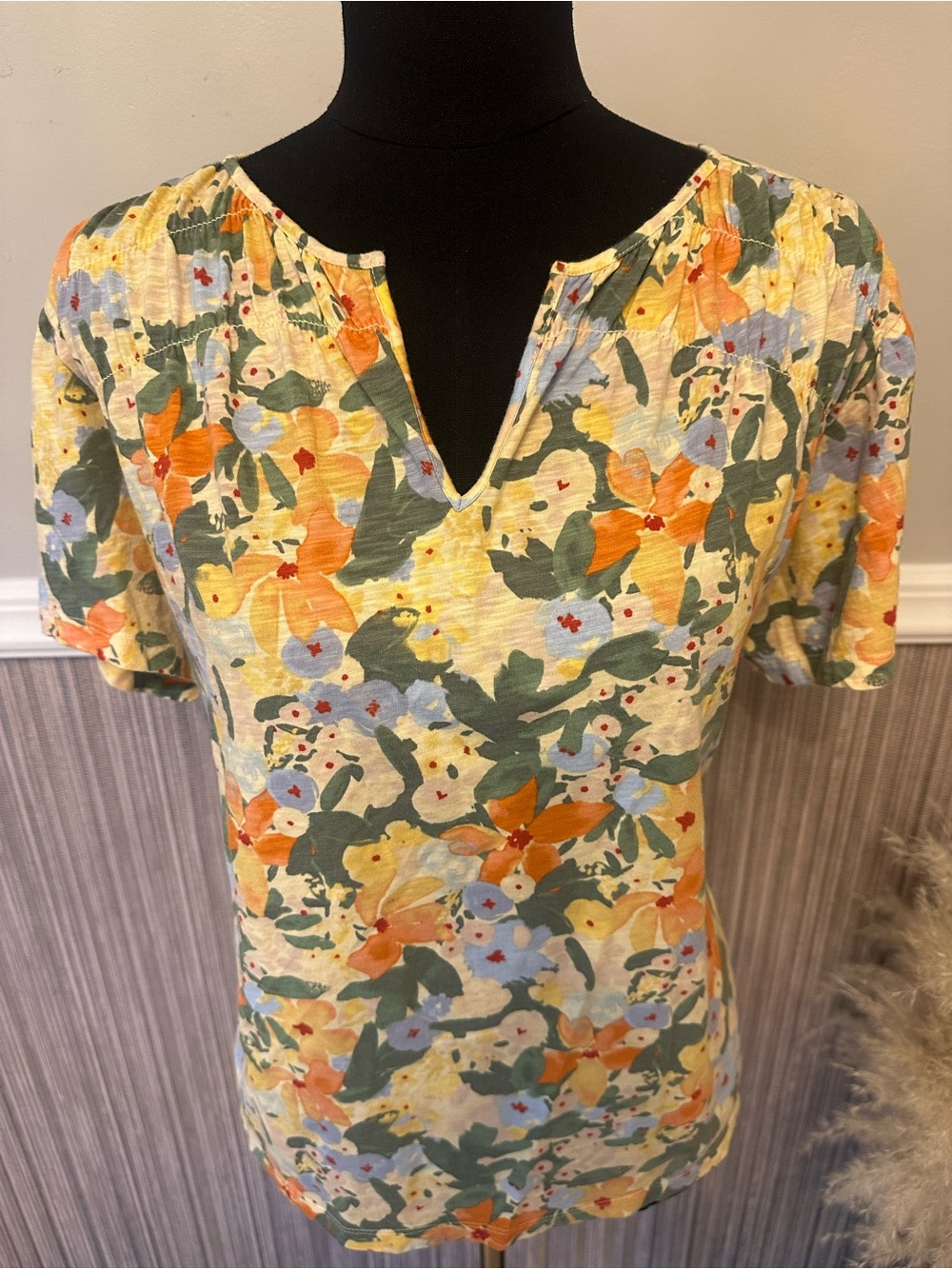 L.L.Bean XL Floral Short Sleeve Slub Knit Tee Top Cottagecore Garden Print - Picture 3 of 6